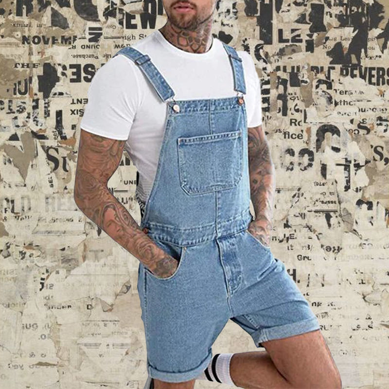 Mens Vintage Denim Ripped Cargo Shorts Jumpsuit Overall 65193363M