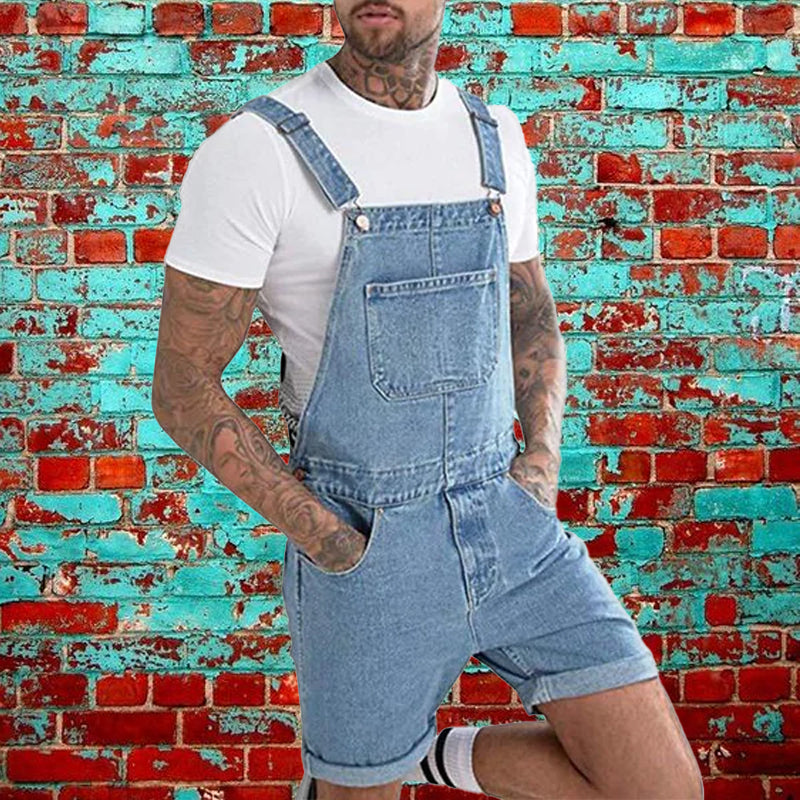 Mens Vintage Denim Ripped Cargo Shorts Jumpsuit Overall 65193363M