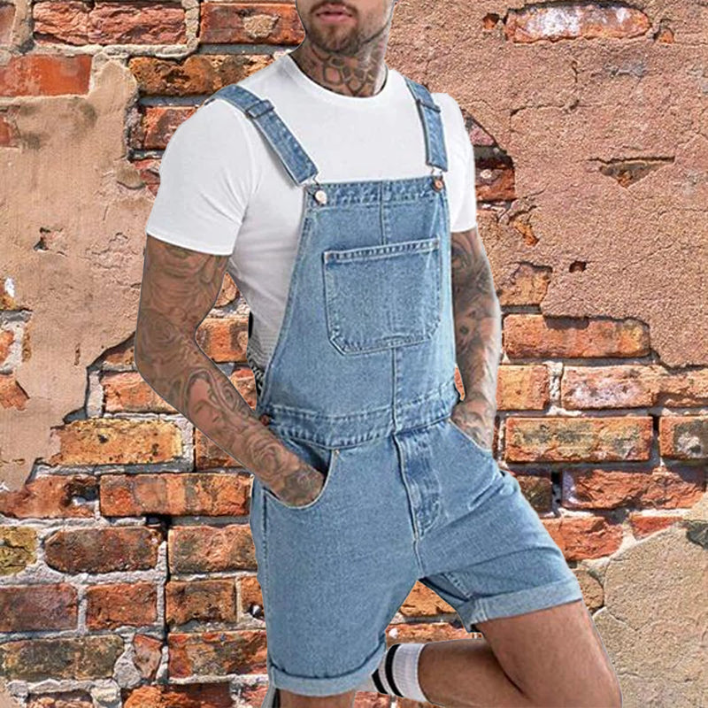 Mens Vintage Denim Ripped Cargo Shorts Jumpsuit Overall 65193363M