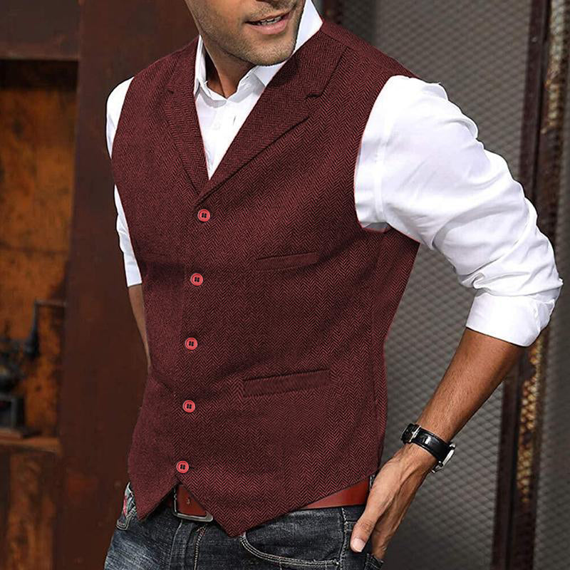 Mens Vintage Herringbone Lapel Single Breasted Slim Vest 34062296M