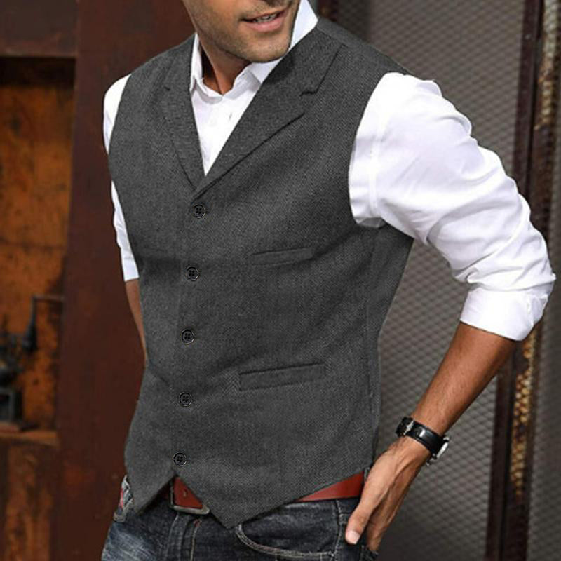 Mens Vintage Herringbone Lapel Single Breasted Slim Vest 34062296M