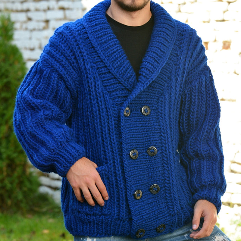 Mens Casual Solid Color Lapel Double Breasted Long SLeeve Knitted Cardigan 30827802M