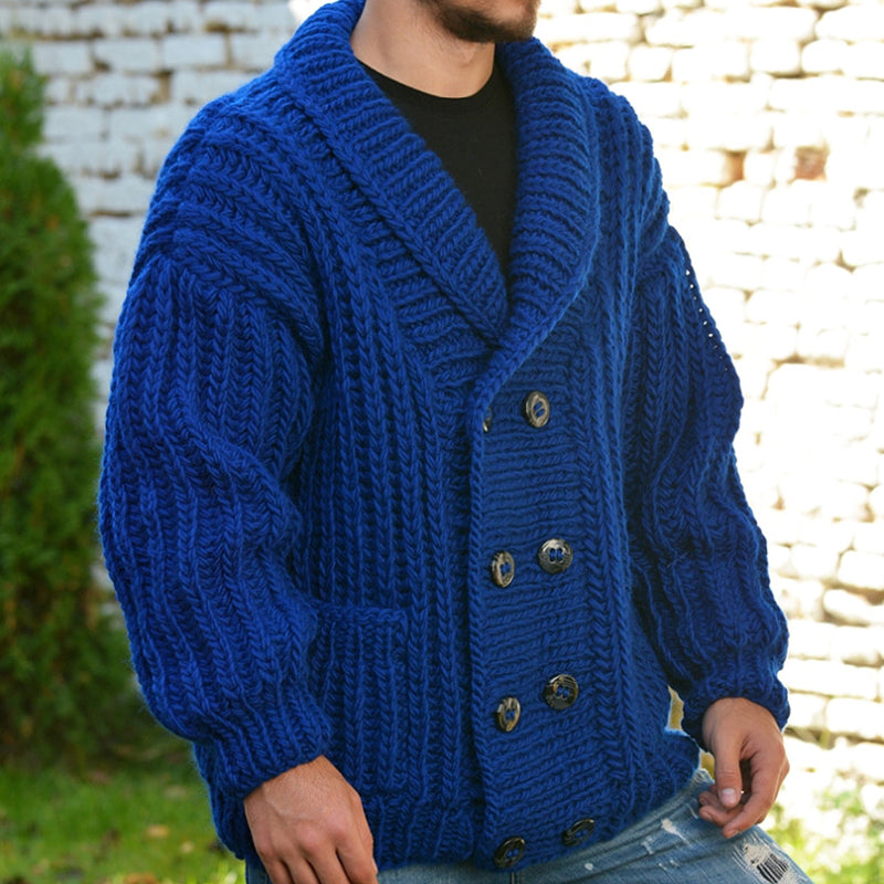 Mens Casual Solid Color Lapel Double Breasted Long SLeeve Knitted Cardigan 30827802M