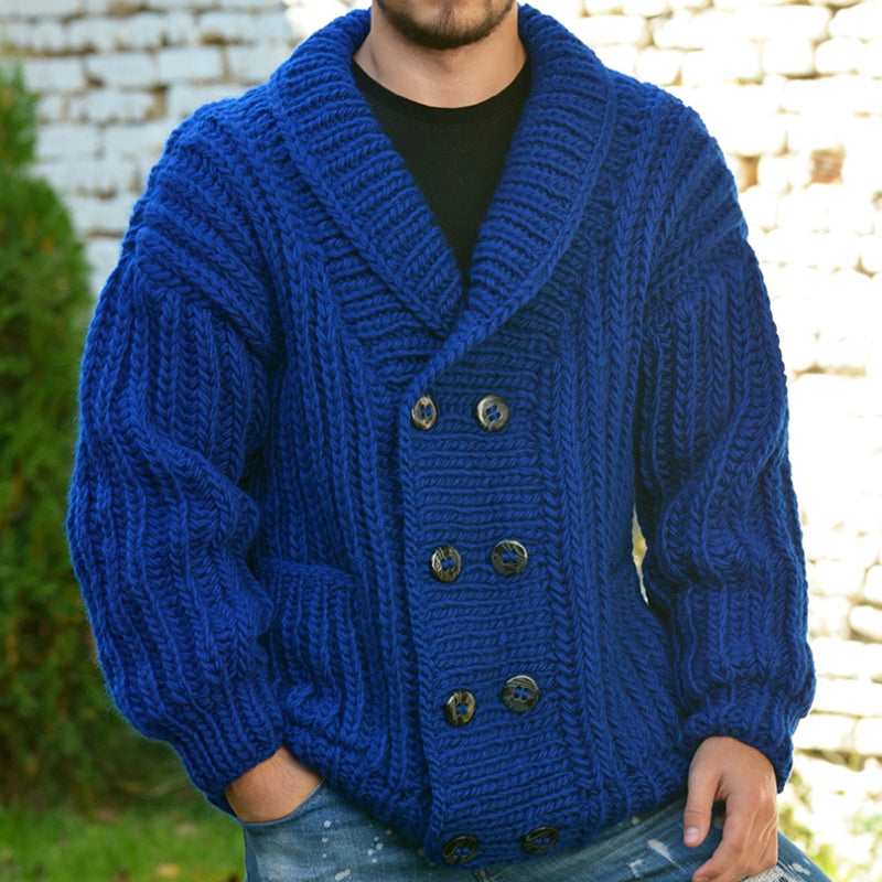 Mens Casual Solid Color Lapel Double Breasted Long SLeeve Knitted Cardigan 30827802M