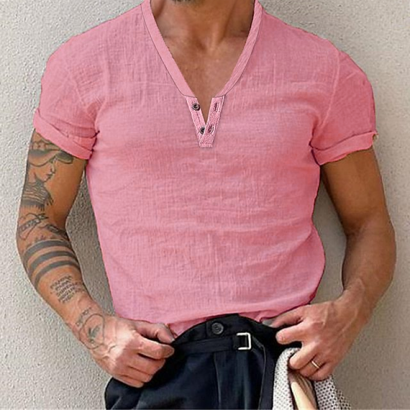 Mens Solid Color Buttons V Neck Short Sleeve Cotton T-shirt 64690208Z