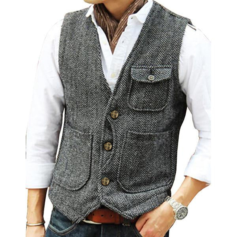 Mens V-neck Single-breasted Tweed Vest 39854419M