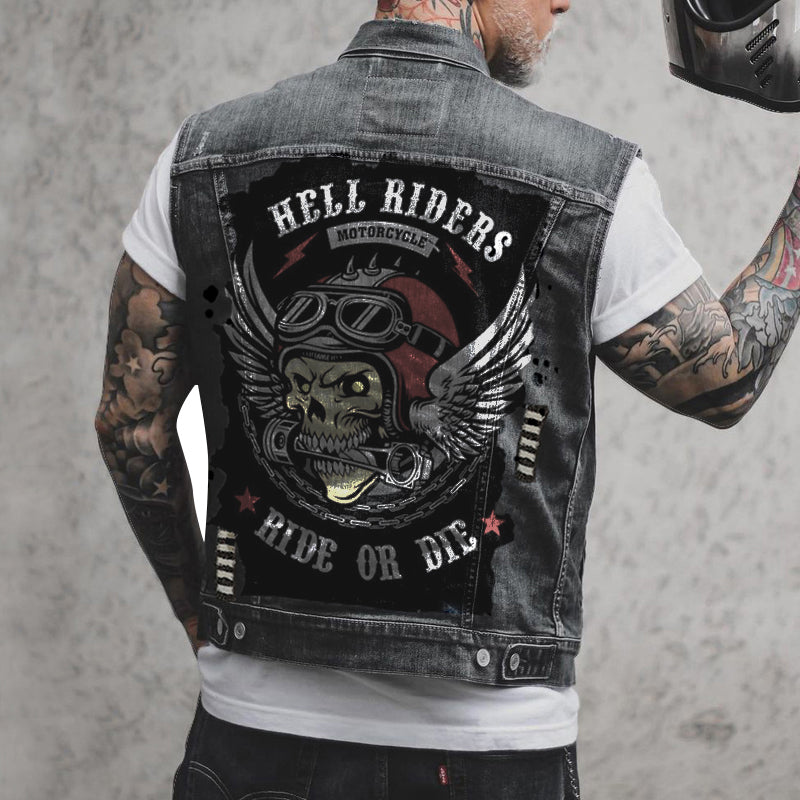 Mens Vintage Motorcycle Skull Print Motorcycle Denim Vest 61636733Y