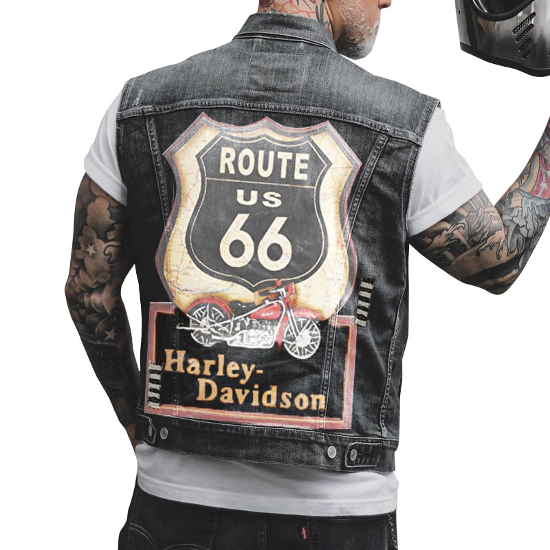 Mens Vintage Motorcycle Print Sleeveless Denim Vest 39852925Y