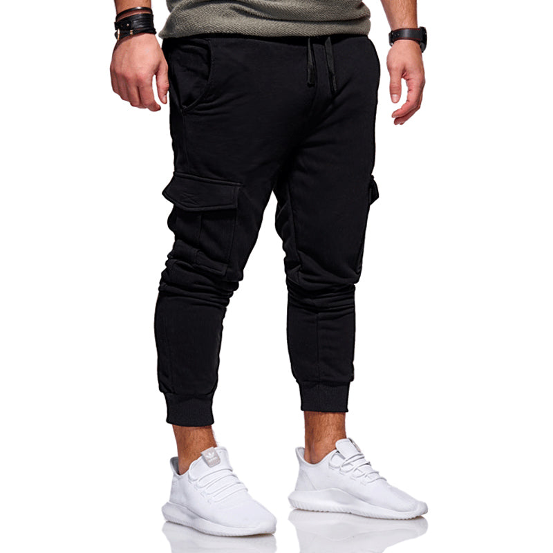 Mens Solid Color Casual Fashion Tether Elastic Multi Pocket Sweatpants 03839355X