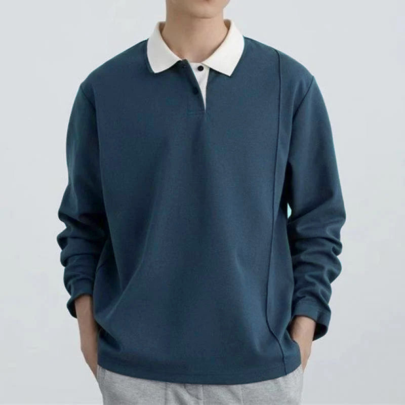 Mens Color Block Lapel Long Sleeve Casual Polo Shirt 24285762Z