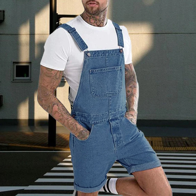 Mens Vintage Denim Ripped Cargo Shorts Jumpsuit Overall 65193363M
