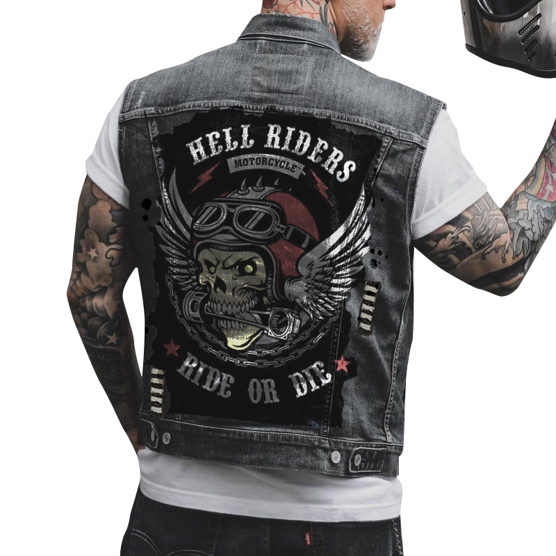 Mens Vintage Motorcycle Skull Print Motorcycle Denim Vest 61636733Y