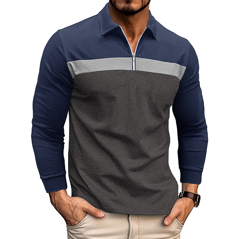 Mens Lapel Color Block Polo Long Sleeve Shirt 51990862X