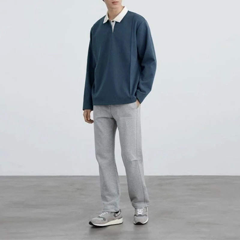 Mens Color Block Lapel Long Sleeve Casual Polo Shirt 24285762Z