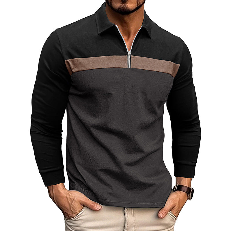 Mens Lapel Color Block Polo Long Sleeve Shirt 51990862X