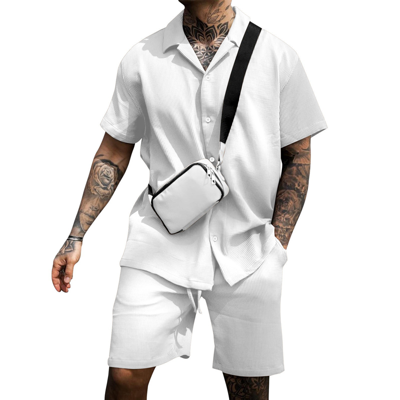 Mens Lapel Single Breasted Short Sleeve Shirt Shorts Set 04319018Z