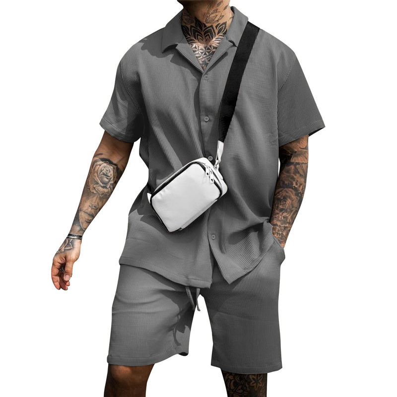 Mens Lapel Single Breasted Short Sleeve Shirt Shorts Set 04319018Z