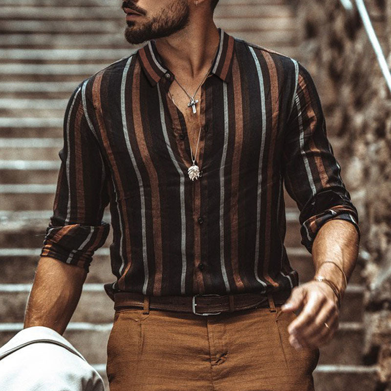 Mens Casual Lapel Stripe Slim Long Sleeve Shirt 84139040M