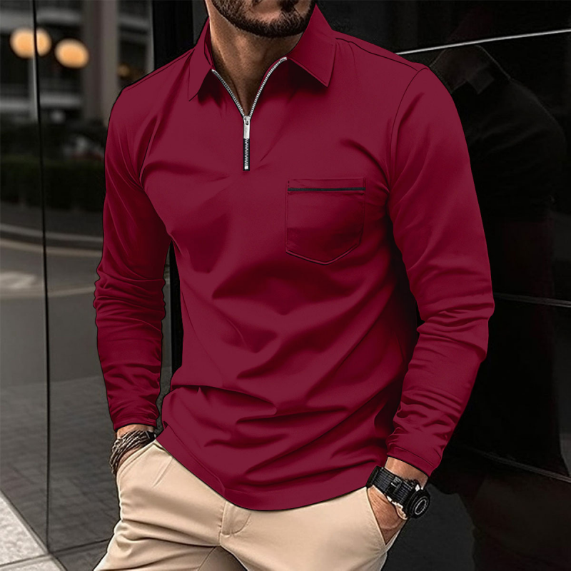 Mens Solid Zipper Lapel Breast Pocket Long Sleeve Polo Shirt 49740491Z