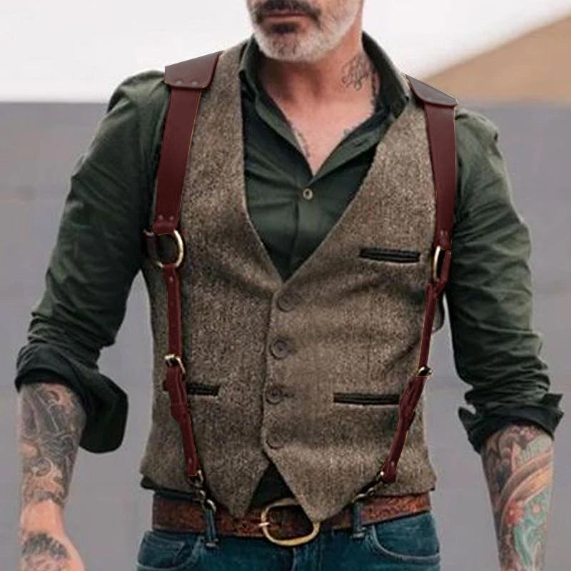 Mens Vintage Solid Color Leather Suspenders 55679591Y