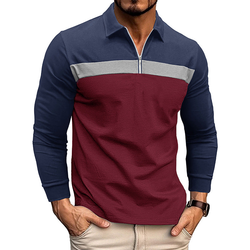 Mens Lapel Color Block Polo Long Sleeve Shirt 51990862X