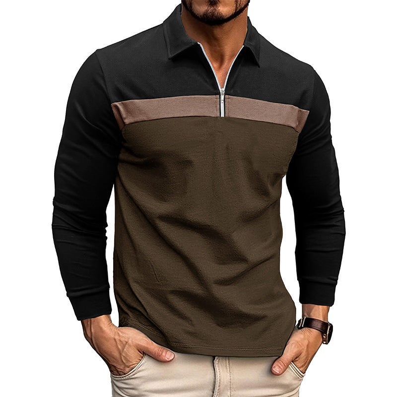 Mens Lapel Color Block Polo Long Sleeve Shirt 51990862X