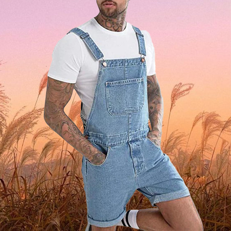 Mens Vintage Denim Ripped Cargo Shorts Jumpsuit Overall 65193363M