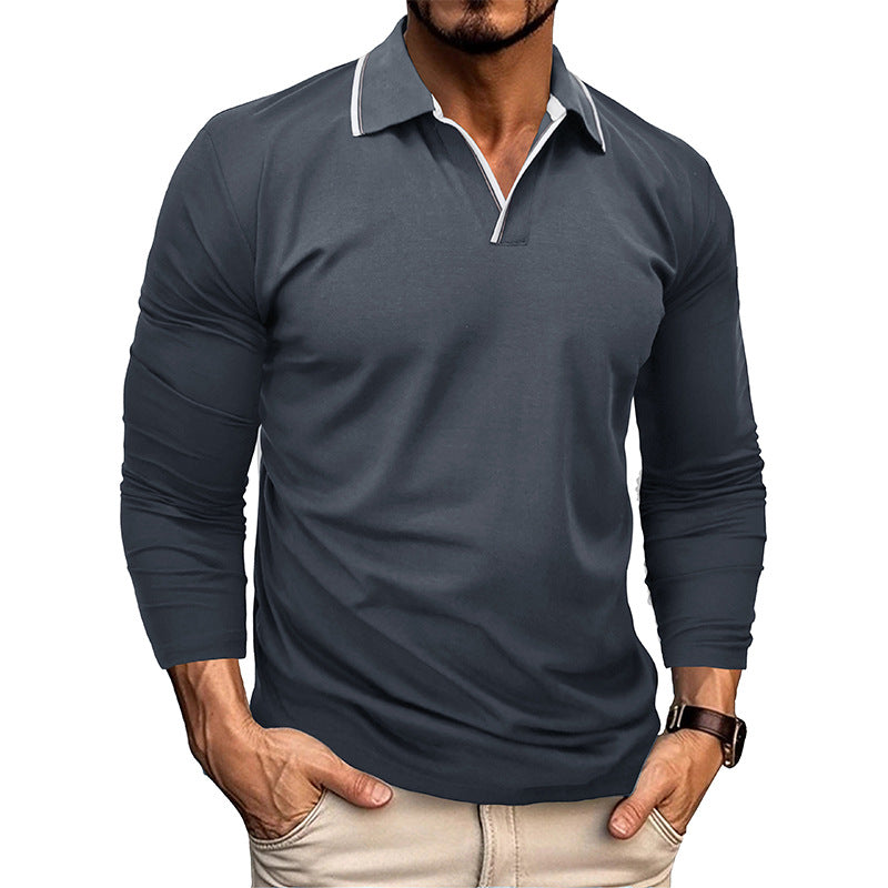 Mens Colorblock Line Trim Long Sleeve Loose Polo Shirt 60634930Z
