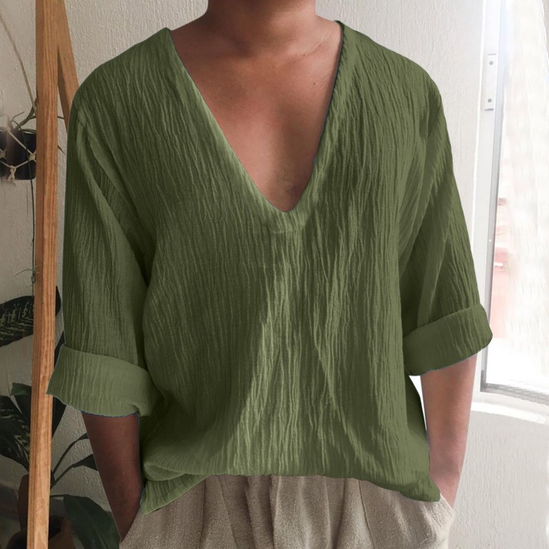 Mens V Neck Long Sleeve Washed Cotton Shirt 84384967Z