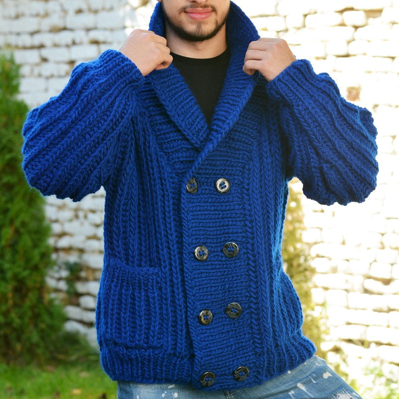 Mens Casual Solid Color Lapel Double Breasted Long SLeeve Knitted Cardigan 30827802M