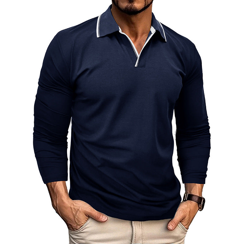 Mens Colorblock Line Trim Long Sleeve Loose Polo Shirt 60634930Z