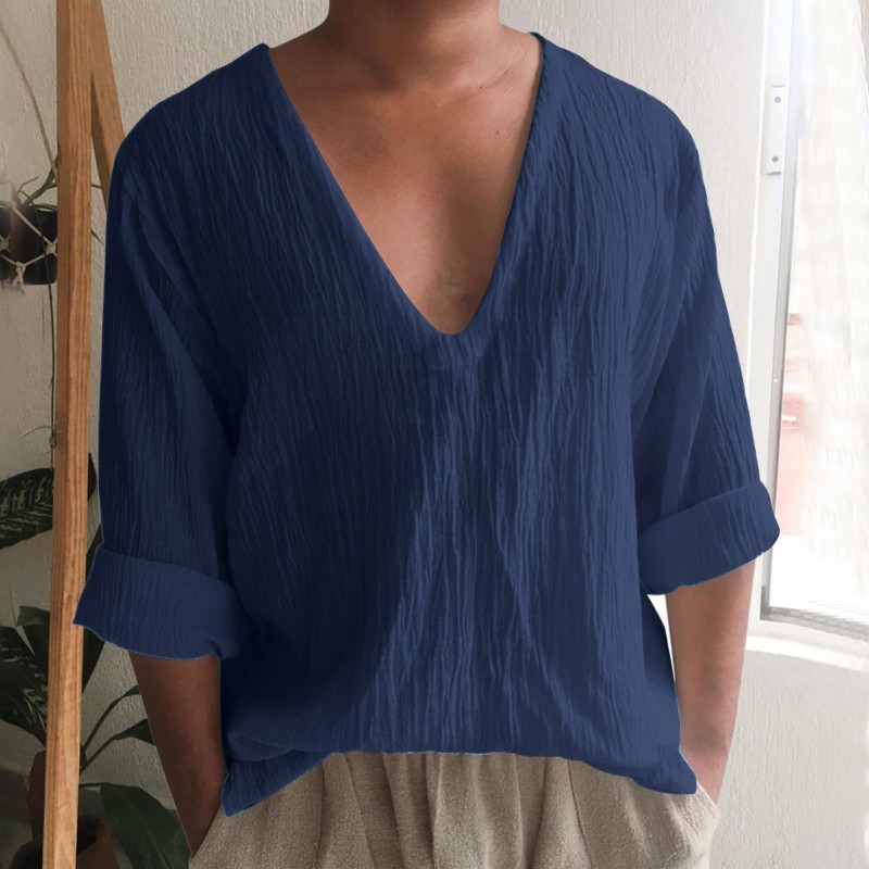 Mens V Neck Long Sleeve Washed Cotton Shirt 84384967Z