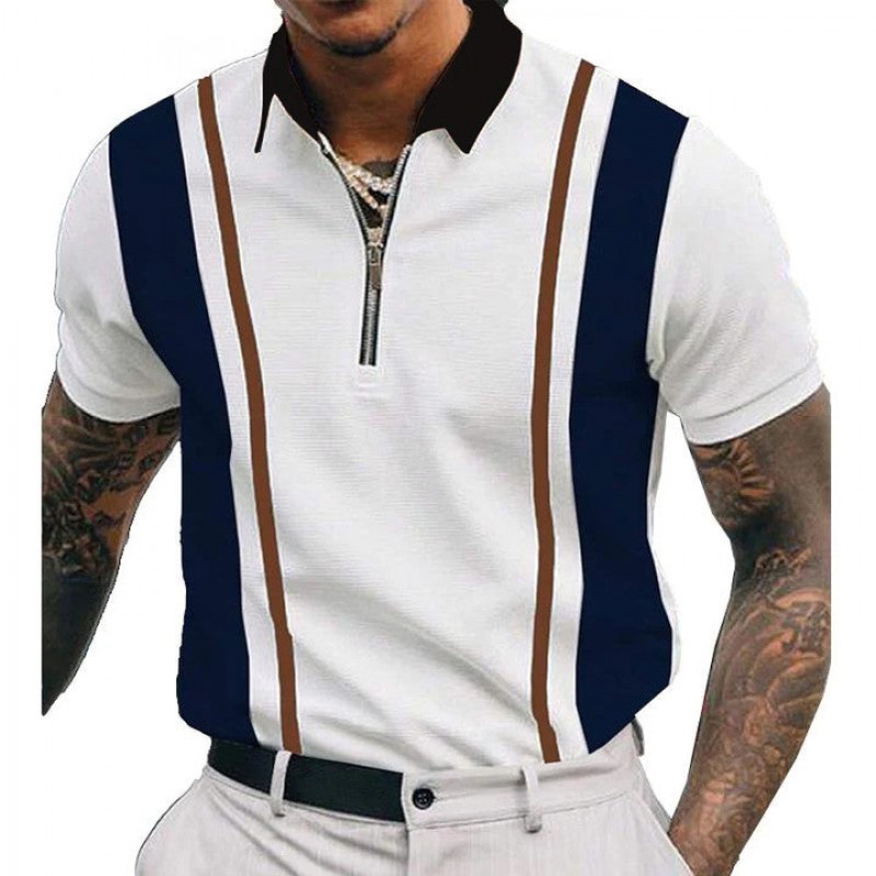 Mens Striped Print Stitching Short-sleeved Lapel Zip POLO Shirt 55227832X