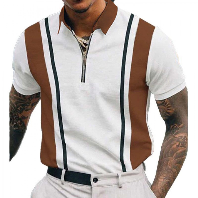 Mens Striped Print Stitching Short-sleeved Lapel Zip POLO Shirt 55227832X