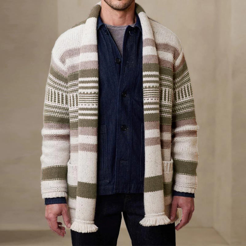 Mens Vintage Striped Patchwork Collarless Cardigan 84647265Y