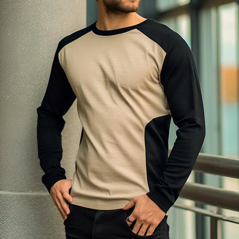 Mens Vintage Colorblock Patchwork Round Neck Long Sleeve T-Shirt 61646610M