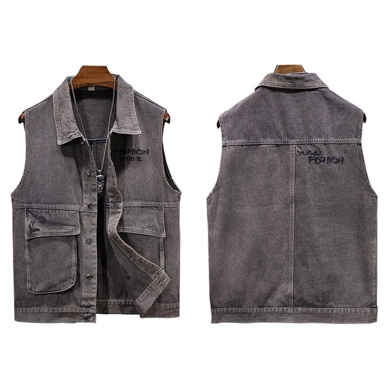 Mens Vintage Lapel Embroidered Denim Vest 86230334X