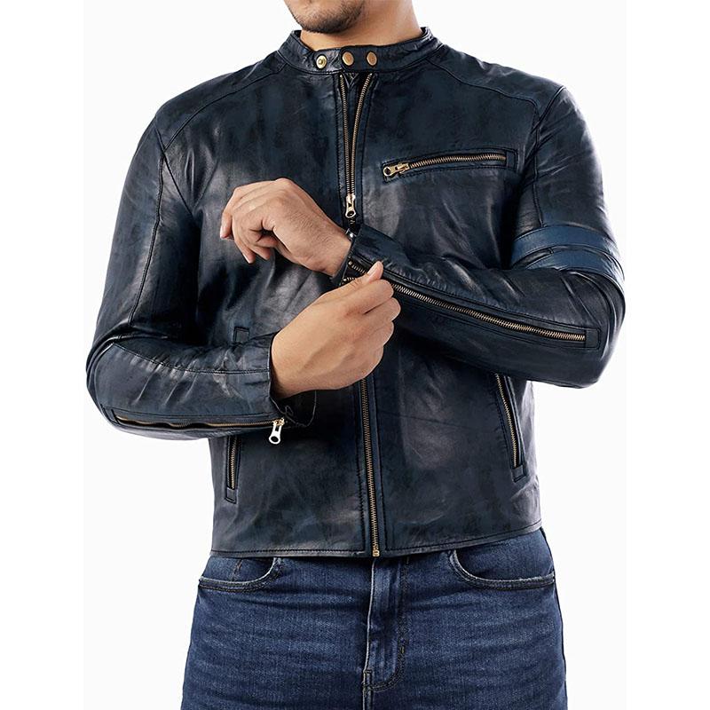 Mens Vintage Distressed Stand Collar Contrast Stitching Leather Jacket 22822210M