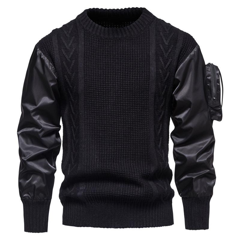 Mens Round Neck Spliced Sleeves Three-dimensional Pocket Personalized Sweater 67598676X