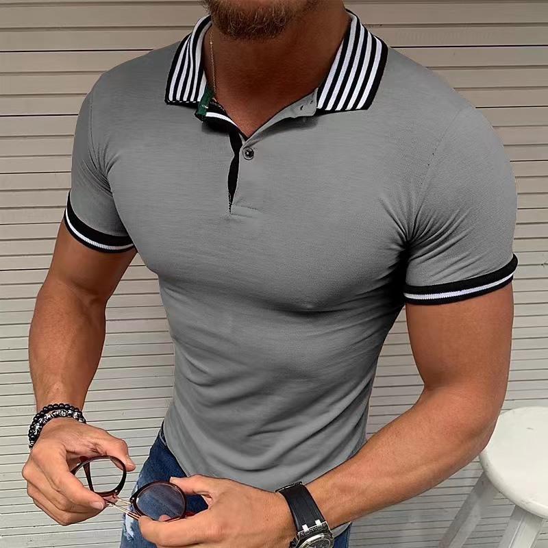Mens Striped Lapel Solid Color Short Sleeve Polo Shirt 92056343Z