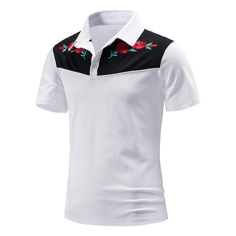 Mens Vintage Rose Embroidery Stitching Breathable Lapel Short Sleeve POLO Shirt 98245795Y