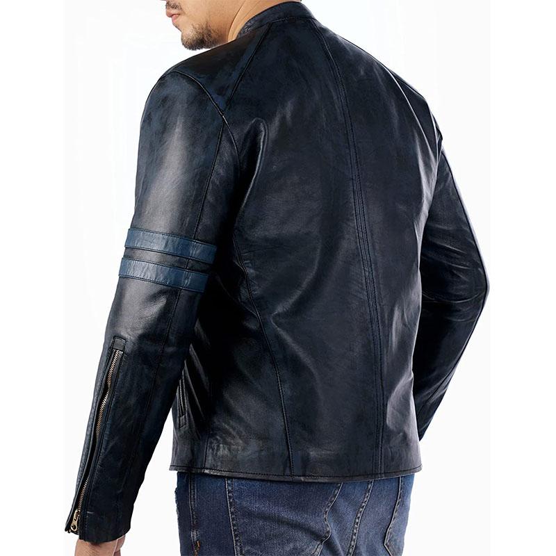 Mens Vintage Distressed Stand Collar Contrast Stitching Leather Jacket 22822210M
