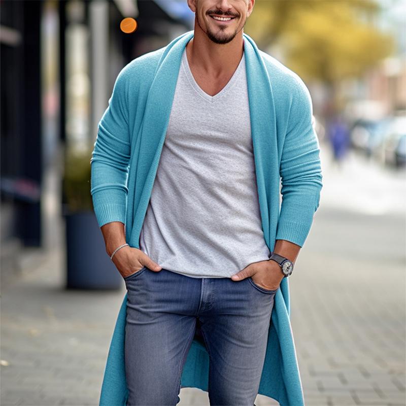 Mens Casual Solid Color Mid-Length Long-Sleeved Knitted Cardigan 40619426M