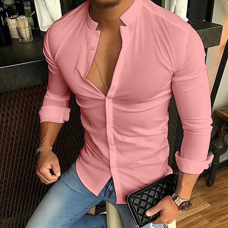 Mens Casual Fashion Solid Color Stand Collar Long Sleeve Shirt 79136189X