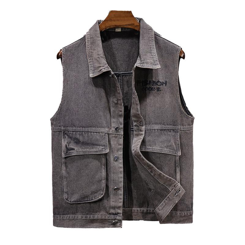 Mens Vintage Lapel Embroidered Denim Vest 86230334X