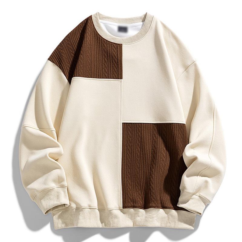 Mens Casual Round Neck Corduroy Contrast Patchwork Loose Sweatshirt 97651605M