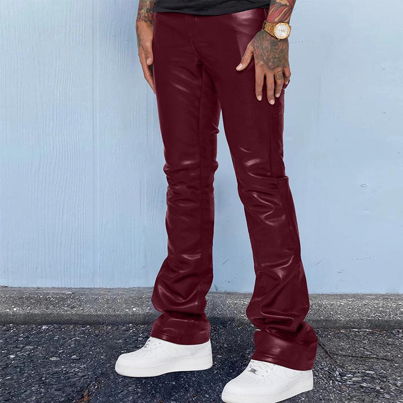 Mens Vintage Solid Color Mid-Rise Loose Thin Leather Pants 74802851M