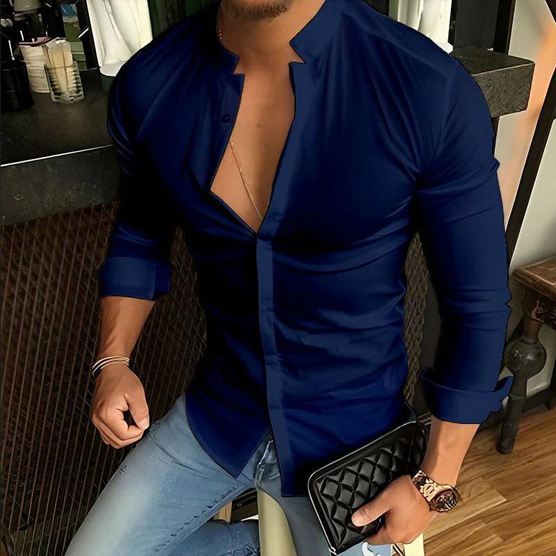 Mens Casual Fashion Solid Color Stand Collar Long Sleeve Shirt 79136189X