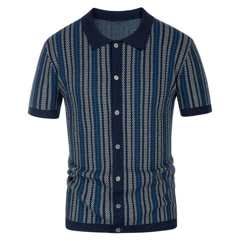 Mens Knit Striped Jacquard Business Short Sleeve Polo Shirt 51796633Y