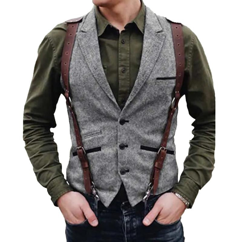 Mens Vintage Lapel Single-Breasted Multi-pocket Herringbone Vest 59356841M